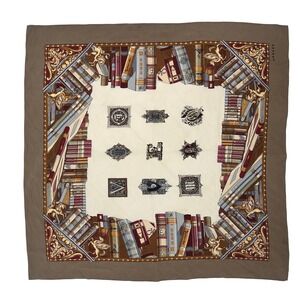 Jaeger Silk Scarf Brown Library Book Pegasus Heraldic Print Square Hand Roll Vtg